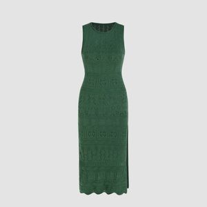Knit Round Neckline Hollow Out Split Tank Midi Dress